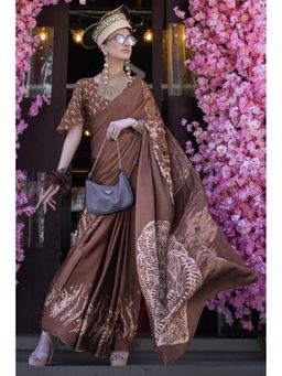 Mysilklove - Coco Brown Printed Satin Crepe Silk Saree Without Blouse