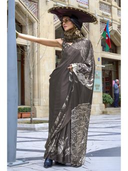 Mysilklove - Cedar Brown Printed Satin Crepe Silk Saree Without Blouse