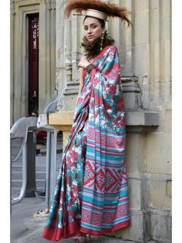 Mysilklove - Swim Blue Printed Satin Crepe Silk Saree Without Blouse