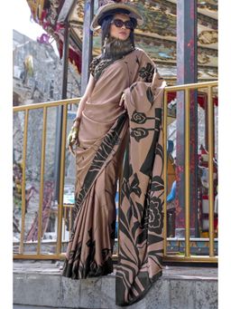 Mysilklove - Hickory Brown Printed Satin Crepe Silk Saree Without Blouse