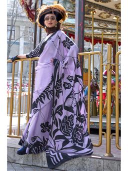 Mysilklove - Pale Purple Printed Satin Crepe Silk Saree Without Blouse
