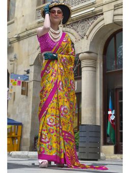 Mysilklove - Dijon Yellow and Pink Printed Satin Crepe Silk Saree Without Blouse