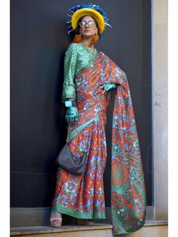 Mysilklove - Squach Orange and Green Printed Satin Crepe Silk Saree Without Blouse