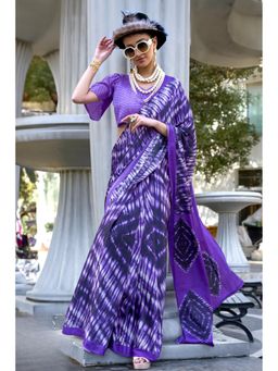 Mysilklove - Ube Purple Printed Satin Crepe Silk Saree Without Blouse