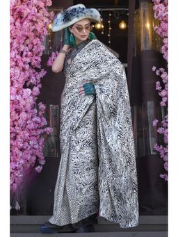 Mysilklove - Zebra Grey Printed Satin Crepe Silk Saree Without Blouse