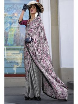 Mysilklove - Graphite Grey Printed Satin Crepe Silk Saree Without Blouse