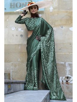 Mysilklove - Luster Green Printed Satin Crepe Silk Saree Without Blouse