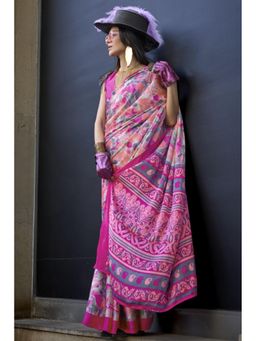 Mysilklove - Punch Pink Printed Satin Crepe Silk Saree Without Blouse