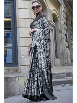 Mysilklove - Crow Black Printed Satin Crepe Silk Saree Without Blouse