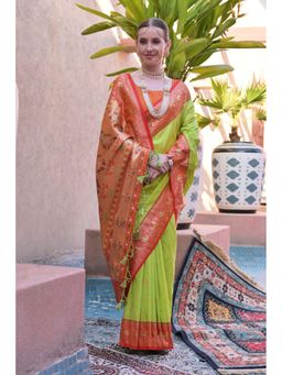 Mysilklove - Dark Pumpkin Orange Zari Woven Paithani Saree Without Blouse