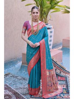 Mysilklove - Glowing Lotus Pink Zari Woven Paithani Saree Without Blouse