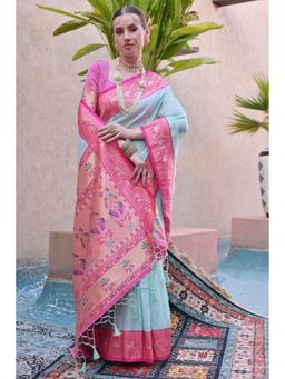Mysilklove - Capri Blue Zari Woven Paithani Saree Without Blouse