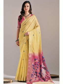 Mysilklove - Sunshine Yellow Woven Muga Cotton Saree Without Blouse