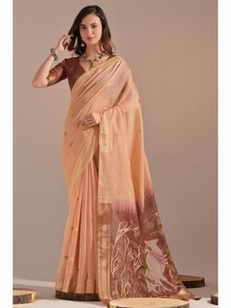 Mysilklove - Plum Peach Woven Muga Cotton Saree Without Blouse