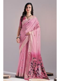 Mysilklove - Baby Pink Woven Muga Cotton Saree Without Blouse