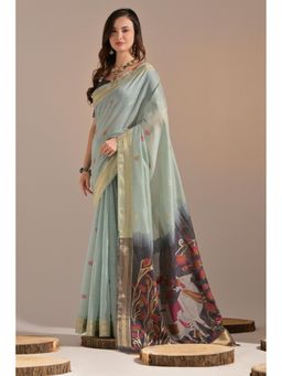 Mysilklove - Neptune Blue Woven Muga Cotton Saree Without Blouse
