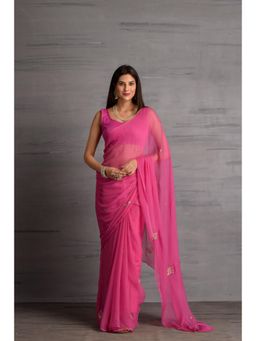 Sutra Attire - Pink Chiffon Saree with Pittan Work with Unstitched Blouse