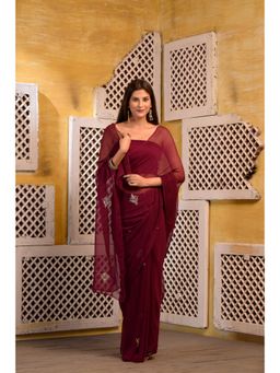 Sutra Attire - Maroon Chiffon Saree with Pittan Work with Unstitched Blouse