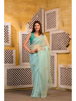 Sutra Attire - Aqua Blue Pittan Work Chiffon Saree with Unstitched Blouse