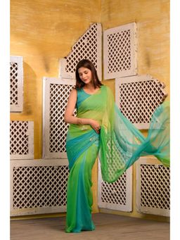 Sutra Attire - Shaded Green and Blue Chiffon Saree with Unstitched Blouse
