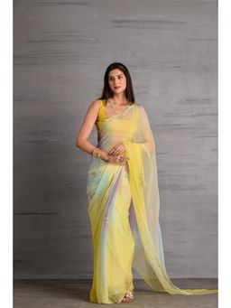 Sutra Attire - Shaded Yellow and Purple Chiffon Pittan Work Saree with Unstitched Blouse