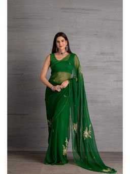 Sutra Attire - Green Hand Embroidered Chiffon Saree with Unstitched Blouse