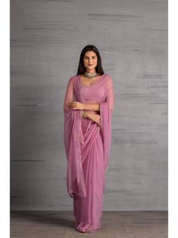 Sutra Attire - Onion Pink Chiffon Saree with Pittan Work with Unstitched Blouse
