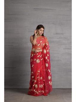 Sutra Attire - Pink Shaded Chiffon Saree with Gota Patti Work with Unstitched Blouse