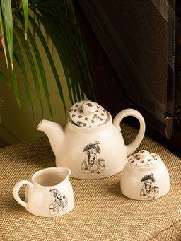 ExclusiveLane - Daawat-e-Taj Ceramic Teapot Set of 3 (Tea Pot, Milk Pot, Sugar Pot) (Microwave Safe)