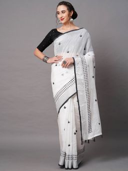Odette - White Festive Linen Blend Embellished Saree with Unstitched Blouse