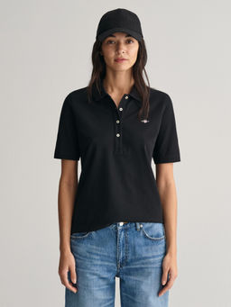 GANT - Women Black Solid Short Sleeves Polo T-Shirt