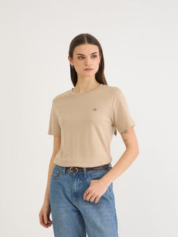 GANT - Women Beige Crew Neck Solid Regular Shield Stretchable T-Shirt