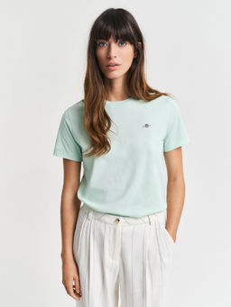 GANT - Women Green Solid Round Neck Short Sleeves T-Shirt