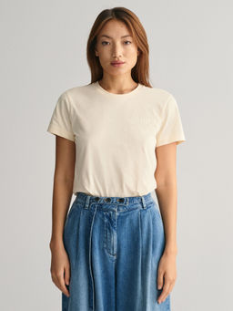 GANT - Women Cream Solid Round Neck Short Sleeves T-Shirt
