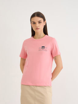GANT - Women Pink Crew Neck Solid Regular Archive Shield T-Shirt