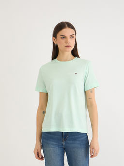 GANT - Women Green Crew Neck Solid Regular Shield T-Shirt