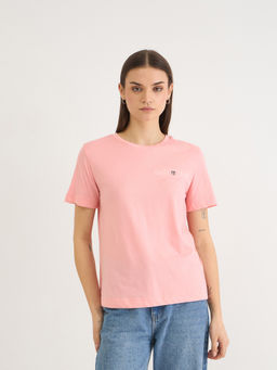 GANT - Women Pink Crew Neck Solid Regular Shield T-Shirt