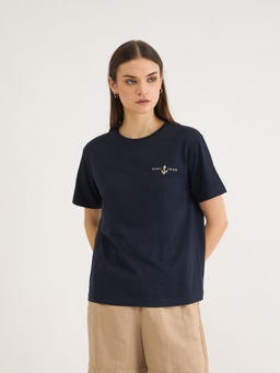 GANT - Women Navy Blue Crew Neck Solid Relaxed Fit Anchor T-Shirt