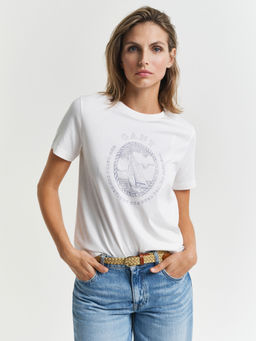 GANT - Women White Printed Round Neck Short Sleeves T-Shirt