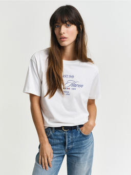 GANT - Women White Printed Round Neck Short Sleeves T-Shirt