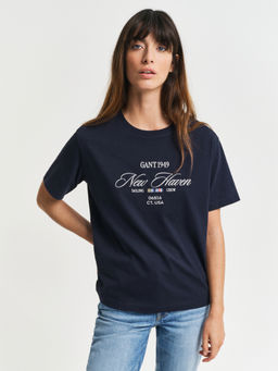 GANT - Women Navy Blue Printed Round Neck Short Sleeves T-Shirt