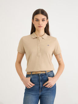 GANT - Women Beige Solid Slim Sheild Pique Polo T-Shirt
