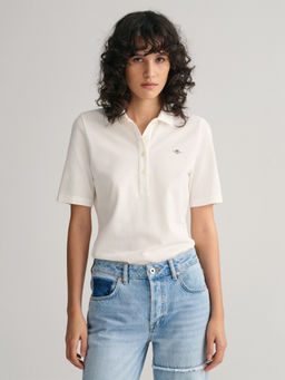 GANT - Women White Solid Short Sleeves Polo T-Shirt