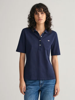 GANT - Women Navy Blue Solid Short Sleeves Polo T-Shirt