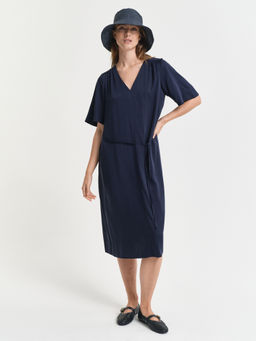 GANT - Women Navy Blue Solid V-Neck Short Sleeves Shift Dress