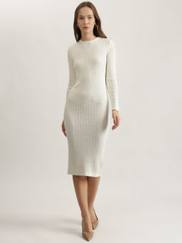 GANT - Women Cream Solid Round Neck Full Sleeves Winter Dress