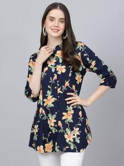 Divena - Navy Blue Floral Printed Rayon A-line Shirts Style Top
