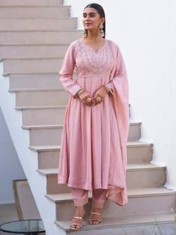 Gahan - Womens Pink Silk Blend Embroidered Flared Anarkali Kurta & Pant with Dupatta