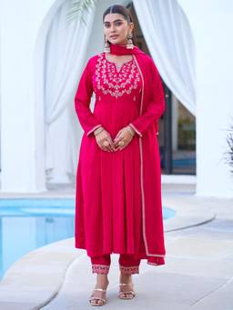 Gahan - Womens Magenta Silk Blend Embroidered Flared Anarkali Kurta & Pant with Dupatta