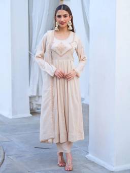 Gahan - Womens Cream Silk Blended Embroidered Flared Anarkali Kurta and Pant & Dupatta